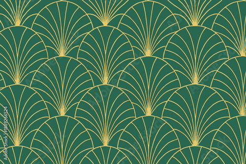 Pattern of fan shapes in gold on green background used for design and decoration in interior spaces