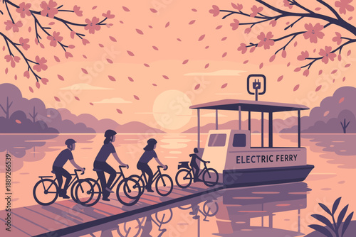 People ride bikes to board electric ferry during sunset at a river in a quiet area surrounded by trees and water