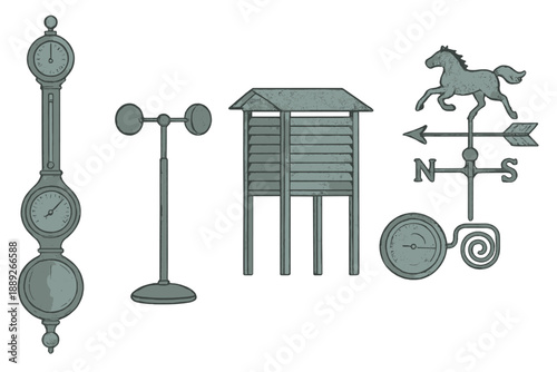 Different weather instruments are shown in a clear view including a barometer, wind vane, and other tools used for measuring weather