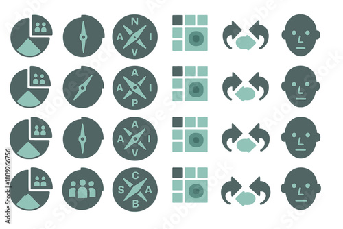 Icons and symbols representing various concepts and ideas in a simple layout displayed on a grid format during daytime