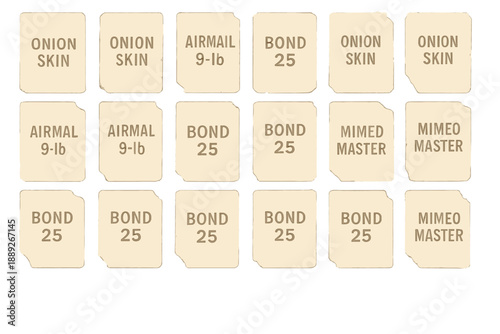Cards display names and types of paper used for different purposes in a simple layout, showing their arrangements on a light background