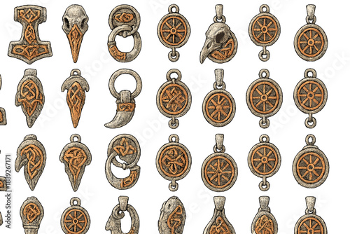 Unique designs of various pendants with symbols and shapes arranged in neat rows on a white background