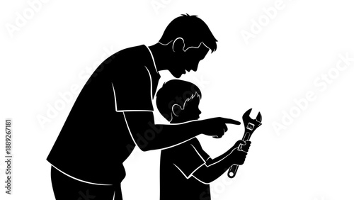Father teaching son to use a wrench.
