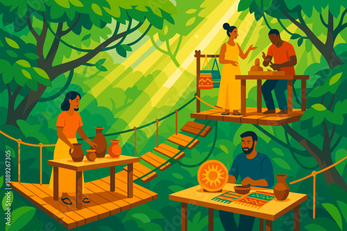 Craftspeople create pottery and textiles in a forest setting during daylight hours while surrounded by trees