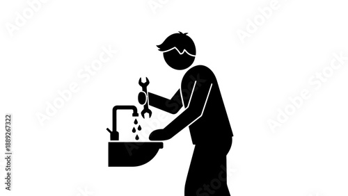 Man fixing a leaky faucet with a wrench.
