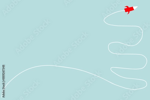 A red rocket flies upwards in a blue sky, leaving a winding white trail behind. Hand-drawn design.