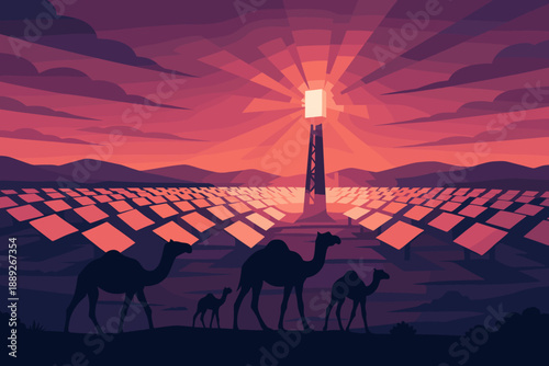 Sunset over solar panels with camels walking in the desert landscape at dusk