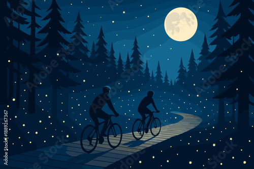 Cyclists ride along a winding path in the woods under a full moon while fireflies glow around them