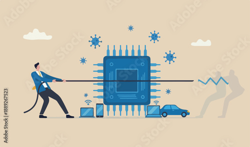 Semiconductor and computer chip chain shortage Coronavirus COVID-19 pandemic, electronics manufacturing problem concept, businessman tug war fighting to get computer chip