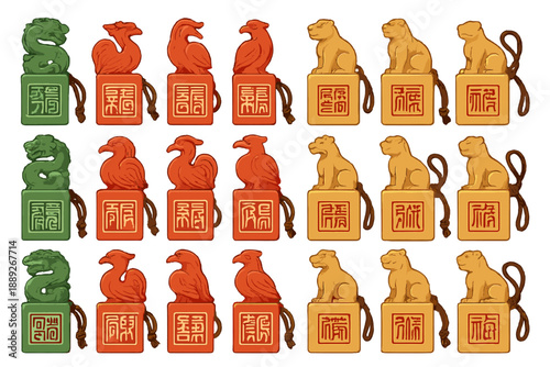 Various animal figures and seals arranged in rows, showing different colors and designs at an art display