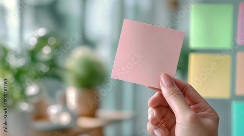 Creative Meeting Concept with Hand Holding Pink Sticky Note in Office