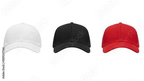 Three baseball caps in white, black, and red isolated on transparent background