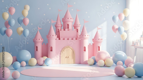 Pink castle with balloons and colorful orbs on pastel background