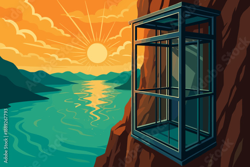 Sunset view from glass elevator on mountain cliff overlooking lake and hills in the background