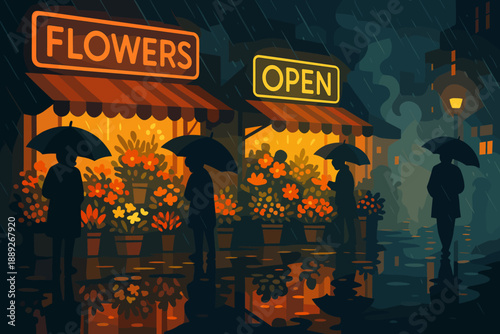 Flower shops lit up at night while people hold umbrellas in the rain on a busy street