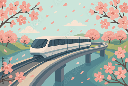 Cherry blossoms surround a train on a curved track near a river in a spring landscape scene
