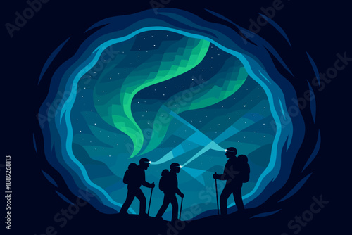 Hikers walk through a cave and see the northern lights at night in a quiet wilderness setting