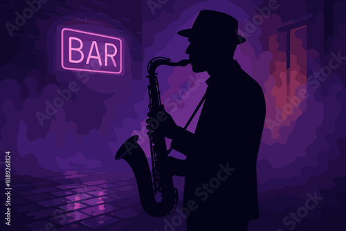 Saxophonist plays music outside a bar with neon lights during the night