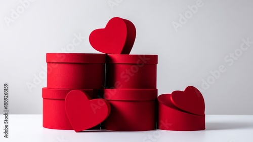 Red gift boxes stacked creatively with heart shapes, perfect for Valentine's Day celebrations, romantic occasions, and special surprises for loved ones.