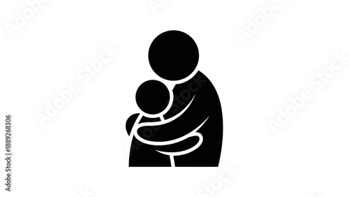 Simple black and white illustration of a parent holding a child.