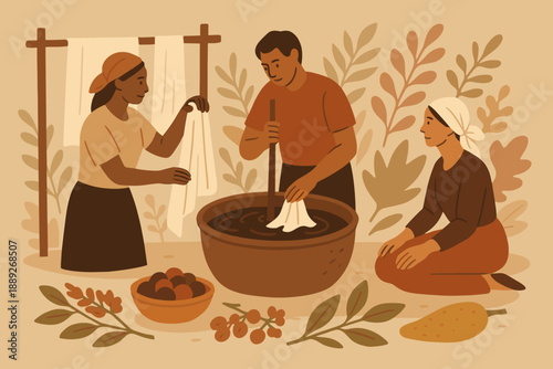 Workers prepare fabric for dyeing in a traditional setting surrounded by plants and fruits