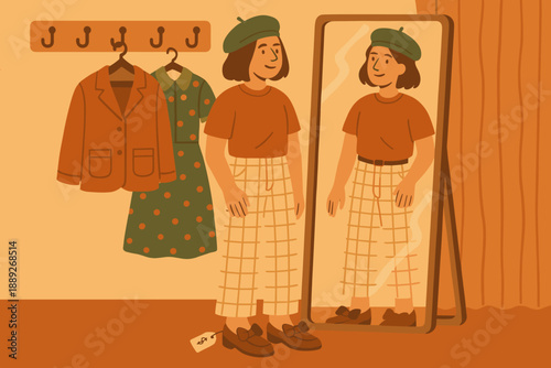 Woman trying on clothes in front of mirror in a fitting room during daytime