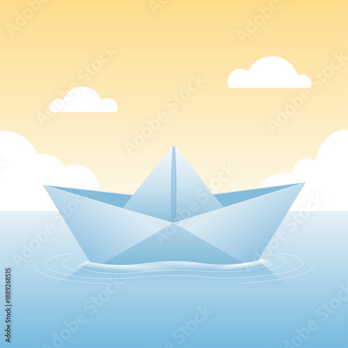 Simple Origami Boat Floating in Water with Clouds