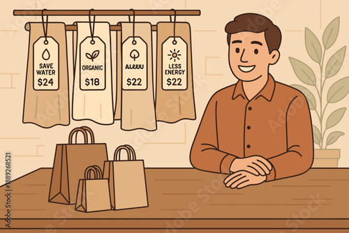 Salesperson shows eco-friendly products priced with tags in a shop during the afternoon in a simple retail setting