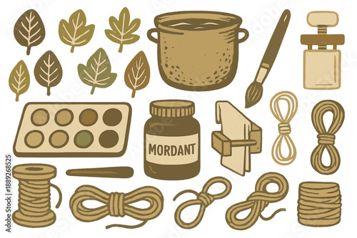 Crafting with natural dyes using plants, tools, and materials in an art studio in the afternoon