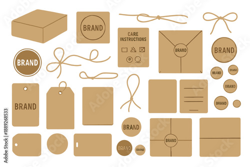 Different types of packaging and labels with brand markings on a white background
