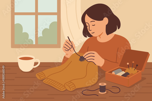 Person knitting a sweater at a table with a cup of coffee in a cozy room during the day