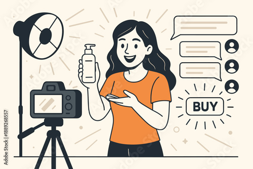 Woman shows product in front of camera during online marketing session with fans and viewers in a digital space