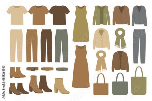 Fashion display of clothing items and accessories in earth tones for fall or winter season styling options