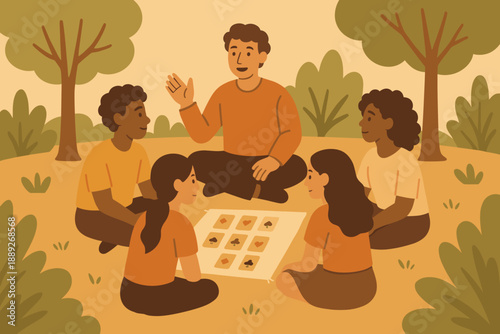 Children gather around a man to listen and learn in a park setting during a sunny afternoon