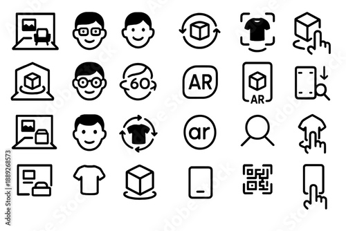 Icons showing actions and elements related to augmented reality and package handling in a digital context