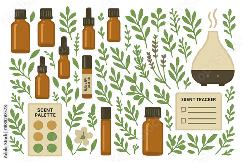 Different small bottles and a diffuser among green leaves with a scent tracker and scent palette on a light background in a home setting