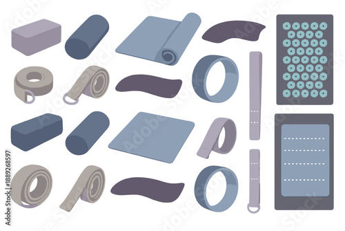 Fitness equipment for yoga and exercise arranged in a flat layout on a white background