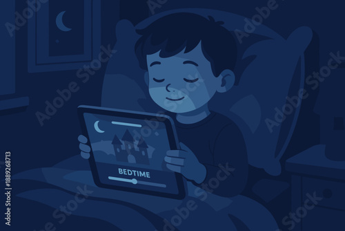 Child using a tablet in bed at night before sleep, enjoying bedtime stories in a cozy room