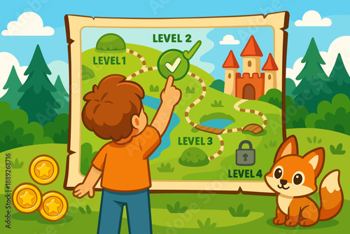 Child points to a game level map with a fox beside him in a green landscape with trees and coins around