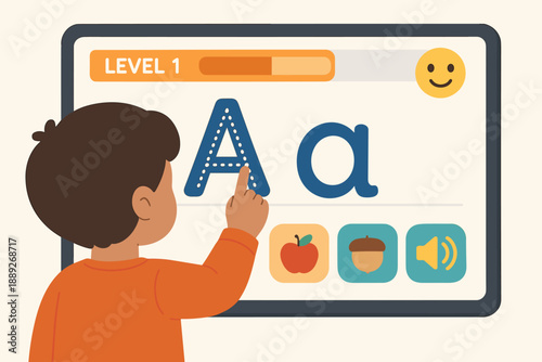 Child learns letters on a tablet screen while interacting with educational content in a home setting during daytime hours