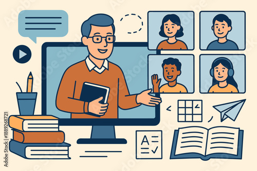 Virtual learning session is happening with a teacher and students on a computer screen during daytime