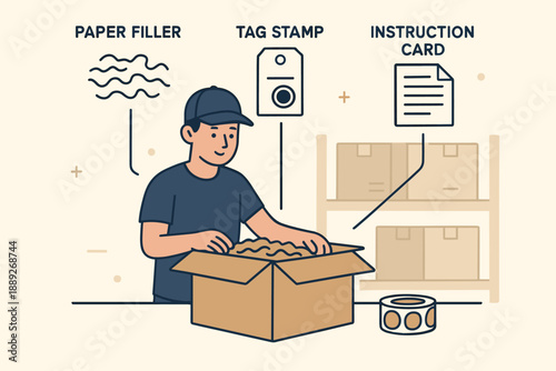 Worker packs items using paper filler and tag stamp in a warehouse