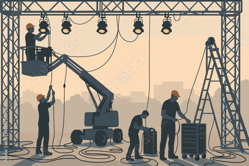 Workers set up lighting equipment on a stage at sunset for an outdoor event in a city