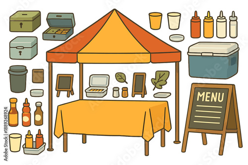 Market stall display with food items and containers during a daytime event