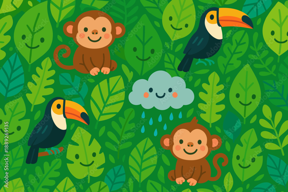 Naklejka premium Monkeys and toucans surrounded by green leaves in a fun scene showing animals with smiles and a cloud in a playful design