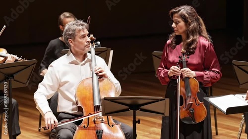 Seasoned cellist and standing violinist onstage exchange cues during intimate chamber orchestra rehearsal under warm stage lights - music stands - wood floor - focused accompanist