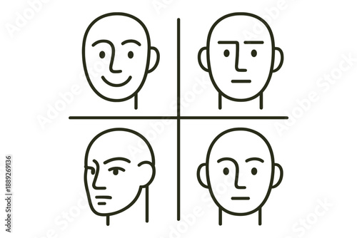 Different facial expressions shown in a simple square layout with four faces, each showing a unique emotion and look