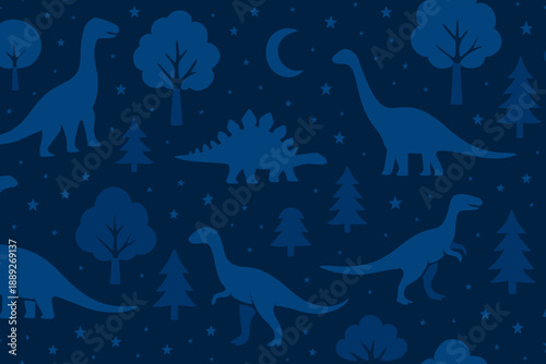 Colorful dinosaur patterns with trees and stars during nighttime
