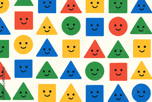 Colorful shapes with smiling faces on a white background show a fun design for children or playful art in a vibrant setting