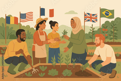 Group of people gardening together in a community garden in a diverse environment with country flags in the background